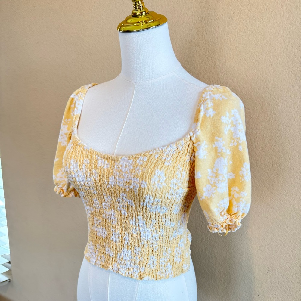 Abercrombie & Fitch Yellow Floral Smocked Puff Sleeve Cropped Top Boho Women XS